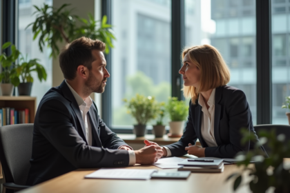 Femme professionnelle écoute attentivement un jeune homme au bureau
