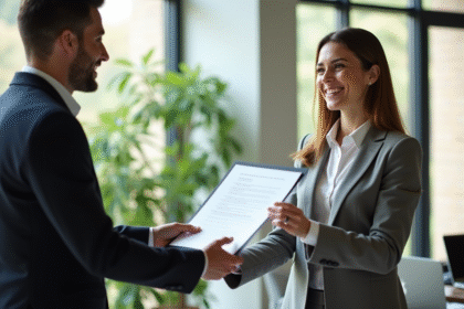 Femme professionnelle remettant un document à son manager dans un bureau lumineux
