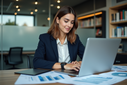 Femme professionnelle travaillant sur un tableau de bord AMS