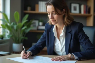 Femme professionnelle en bureau révisant une lettre