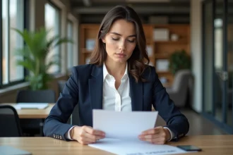 Femme professionnelle en bureau examinant son CV suisse