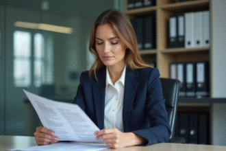 Femme en blazer navy dans un bureau moderne