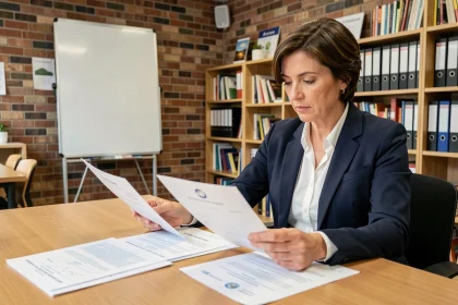Une femme de 40 ans en reconversion professionnelle compare un titre professionnel et un diplôme officiel sur un bureau en bois dans un centre de formation adulte