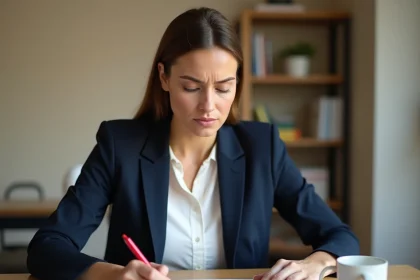 Femme relisant sa lettre de motivation en rayant les mauvaises formules avec un stylo rouge sur un bureau moderne