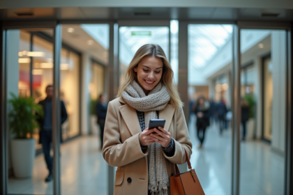Femme souriante scannant son smartphone à l'entrée d'un centre commercial