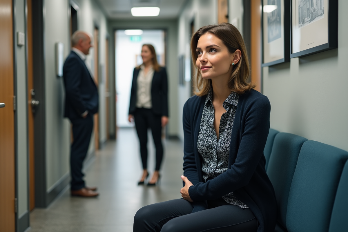 Femme isolée dans un couloir de bureau avec collègues en arrière-plan