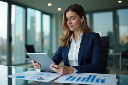 Femme en blazer bleu analysant des graphiques marketing dans un bureau moderne