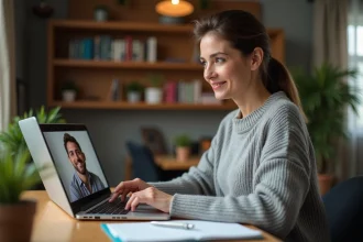 Femme en télétravail lors d'une session de mentorat en ligne avec Mentor360.fr, assise à son bureau à domicile avec un ordinateur portable