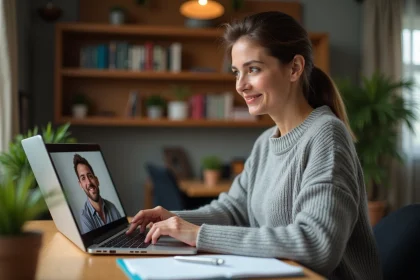 Femme en télétravail lors d'une session de mentorat en ligne avec Mentor360.fr, assise à son bureau à domicile avec un ordinateur portable