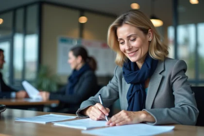 Femme en blazer gris et foulard bleu dans un centre emploi