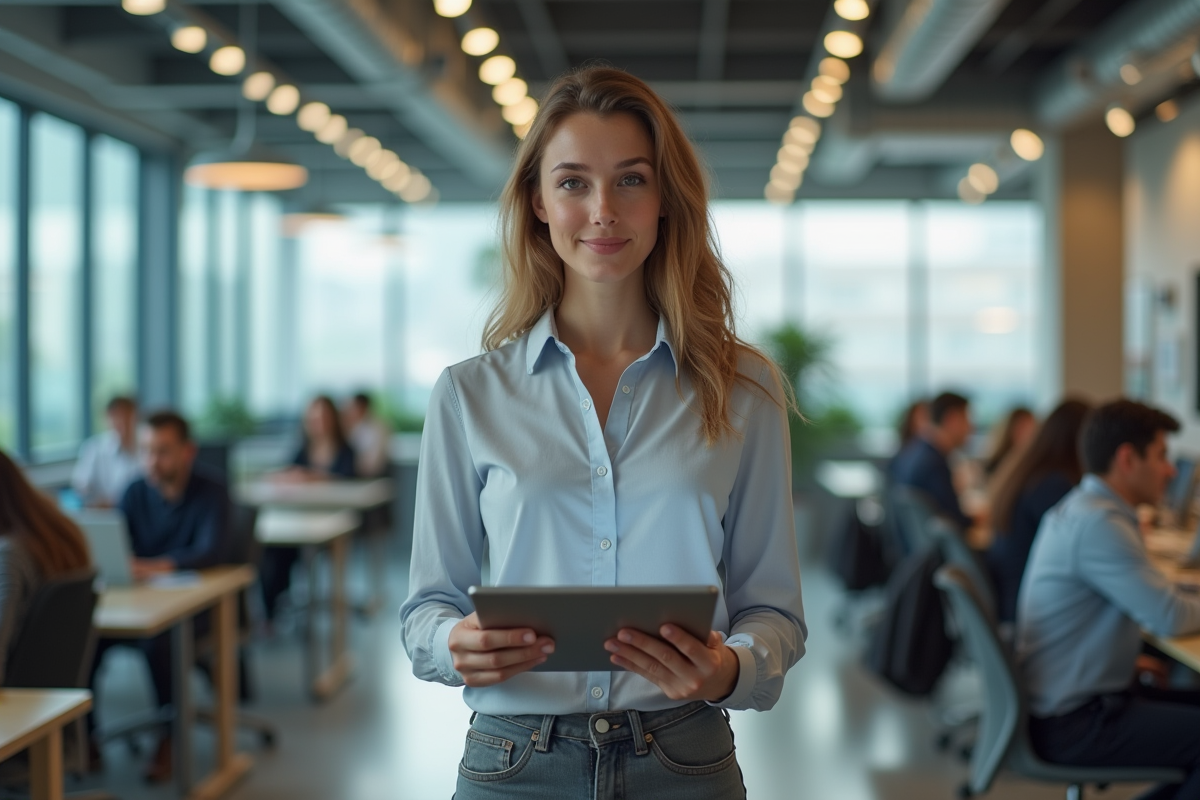 Femme confiante utilisant une tablette dans un espace de coworking