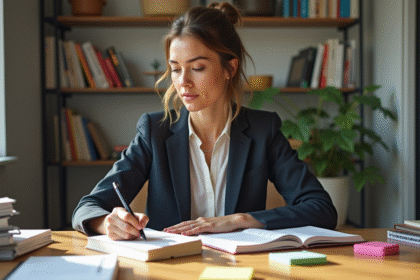 Femme concentrée écrivant dans un journal dans un bureau lumineux
