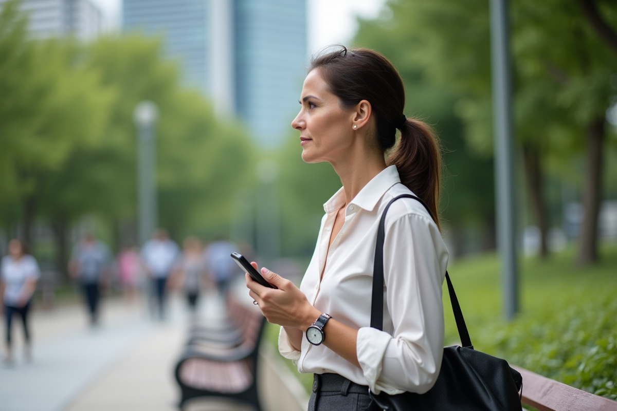 Femme d'âge moyen en tenue décontractée dans un parc urbain