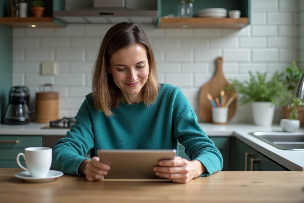 Femme d age moyen utilisant une tablette dans la cuisine