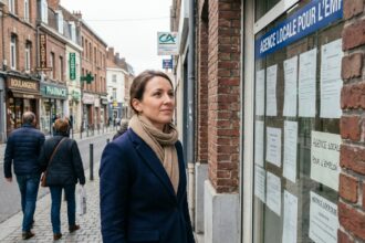 Femme en blazer bleu regardant une agence emploi à Lens