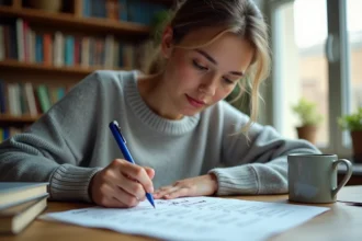 Jeune femme annotant une fiche d'exercice sur les classes grammaticales à son bureau en bois avec un stylo bleu