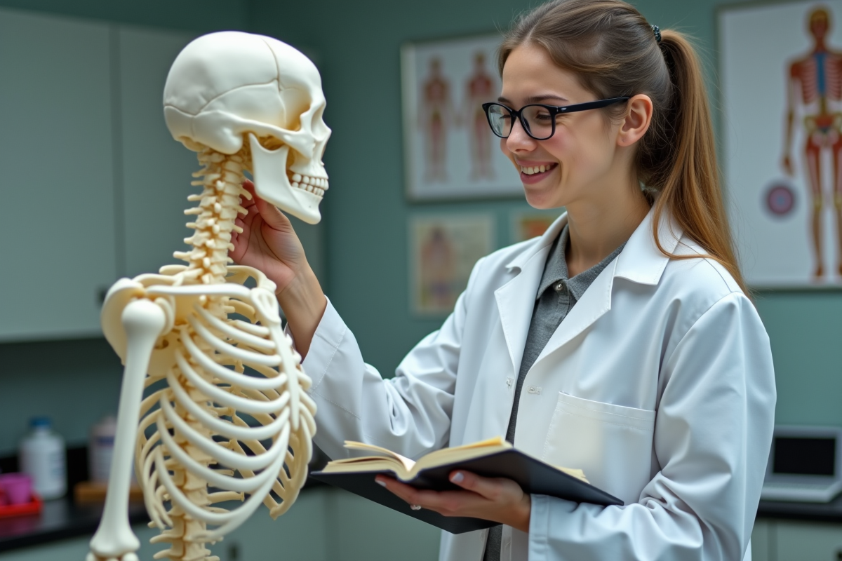 Jeune fille examinant un squelette dans un laboratoire scolaire