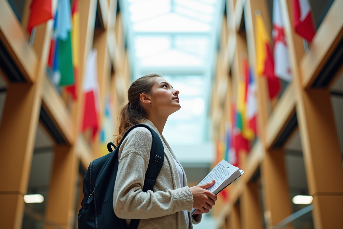 Jeune femme dans une bibliothèque universitaire contemplant les drapeaux