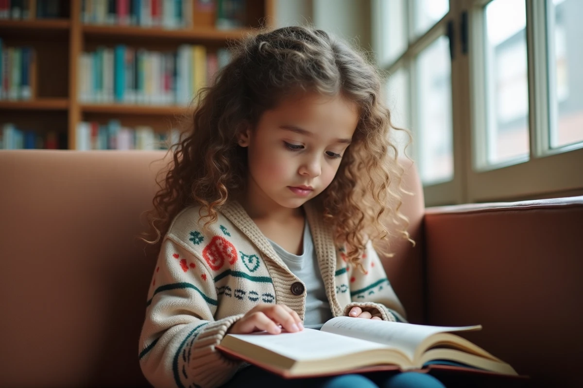 Fille de 10 ans lisant dans une bibliothèque chaleureuse