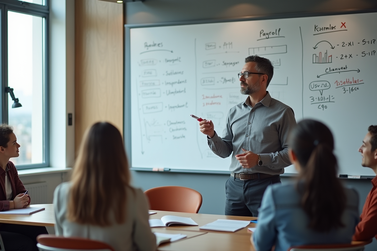 Formateur expliquant des calculs de paie devant un tableau blanc