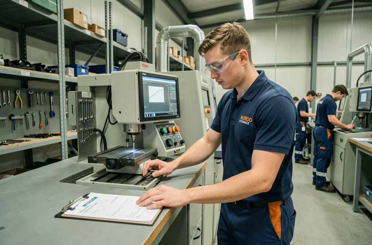 Apprenti en formation alternance manipulant une machine industrielle dans un centre de formation du Nord de la France