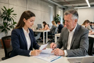 Jeune femme en formation en alternance travaillant avec un mentor dans un bureau moderne du Nord de la France