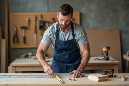 Stagiaire adulte en formation bricolage mesurant une planche en bois dans un atelier professionnel