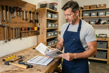 Homme en tablier de bricolage consultant un livret de formation CPF dans un atelier bien rangé
