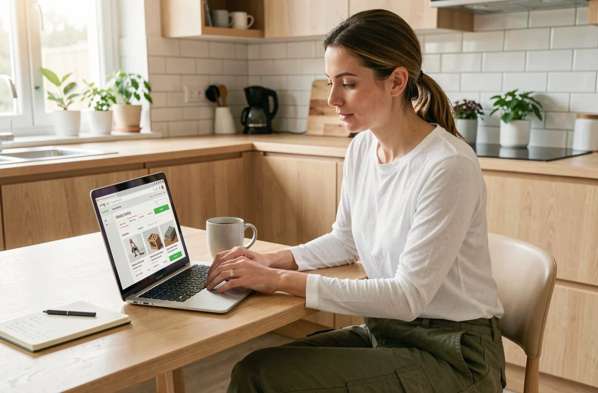 Femme suivant une formation bricolage en ligne sur ordinateur depuis chez elle avec prise de notes