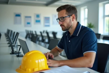 Professionnel du BTP en formation certifiante sur ordinateur dans une salle de cours, avec casque jaune et classeur de cours sur le bureau