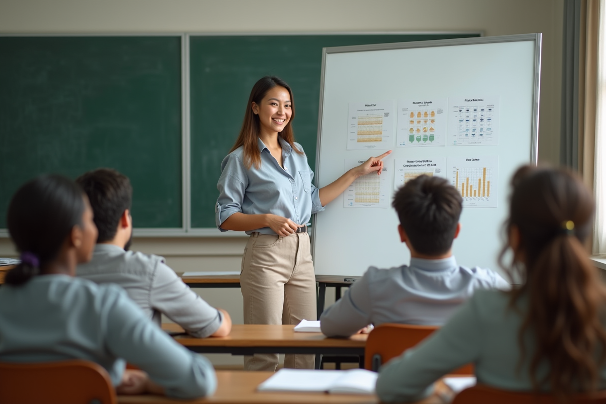 Jeune femme souriante pointant des graphiques en formation