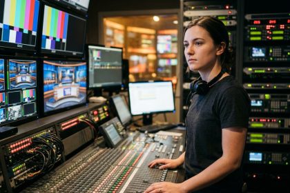 Jeune femme en formation aux métiers techniques du plateau télévisé, debout derrière une régie de production professionnelle