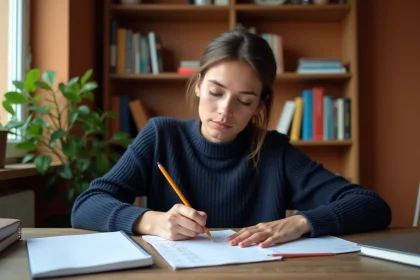 Jeune femme francophone étudiant la conjugaison du verbe SER en espagnol avec des livres de grammaire et des notes manuscrites