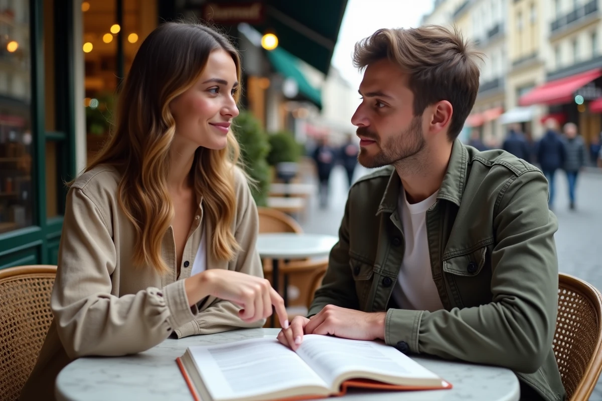Deux francophones révisant ensemble la conjugaison du verbe SER en espagnol autour d'un cahier de grammaire dans un café parisien