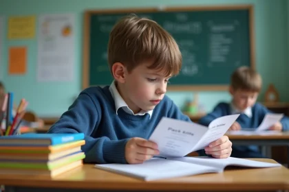 Garçon lisant attentivement un livret scolaire dans la classe