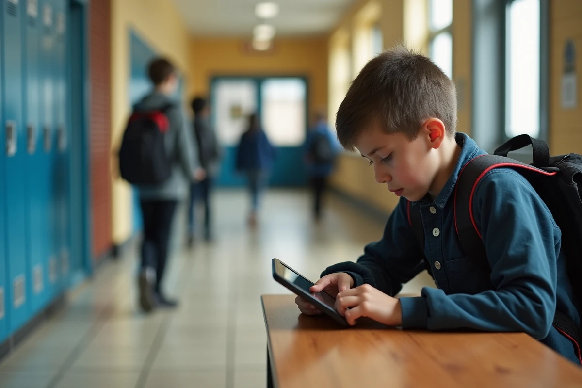 Garçon de 13 ans avec sac à dos utilisant une tablette dans un couloir scolaire