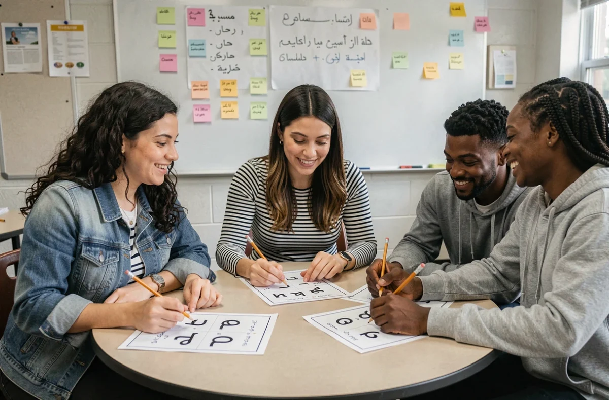 Groupe d'adultes débutants apprenant l'alphabet arabe ensemble en classe avec des fiches d'exercices