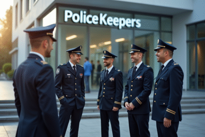 Groupe de policiers en uniforme devant une station moderne