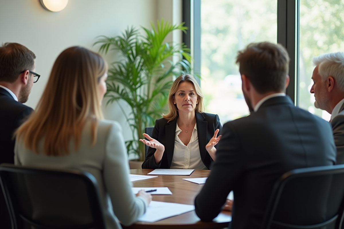 Groupe diversifié en pleine discussion en salle de réunion