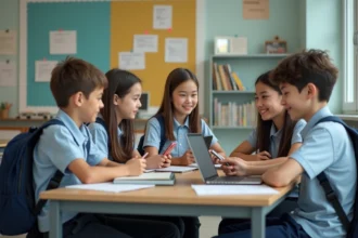 Groupe d'élèves de lycée en discussion dans une salle moderne