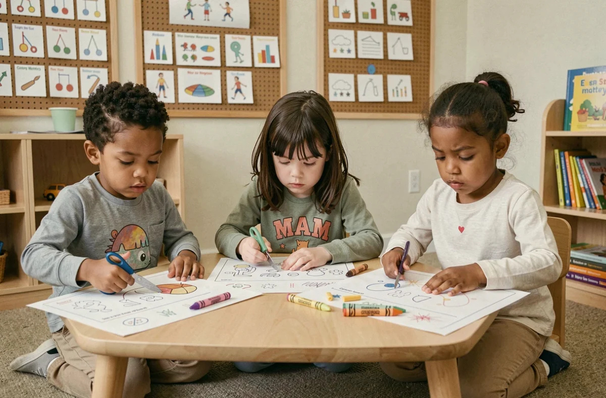 Groupe d'enfants de maternelle travaillant ensemble sur des exercices de découpage et de graphisme dans une salle de soutien pédagogique spécialisée