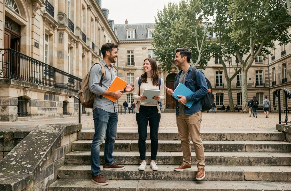 Groupe d'étudiants discutant devant le bâtiment historique de Sciences Po Bordeaux