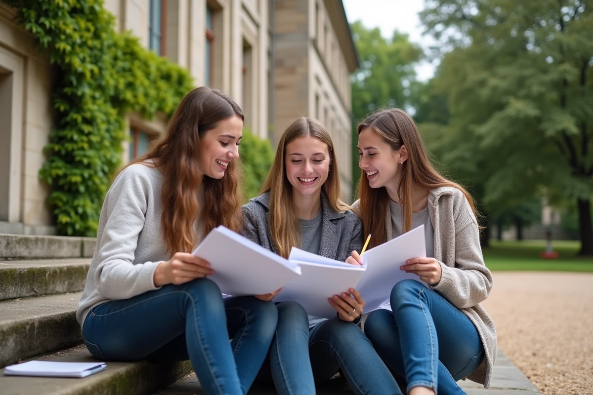 Groupe d'étudiants en prépa BCPST comparant leur classement et leurs résultats devant un campus de grandes écoles