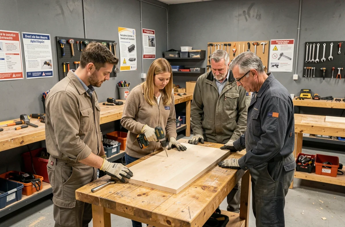 Groupe d'adultes en formation bricolage dans un centre agréé avec démonstration d'utilisation d'une perceuse