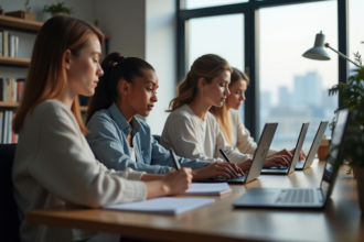 Groupe de jeunes adultes en formation en ligne dans un bureau moderne