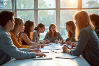 Groupe de jeunes collaborant dans une salle lumineuse