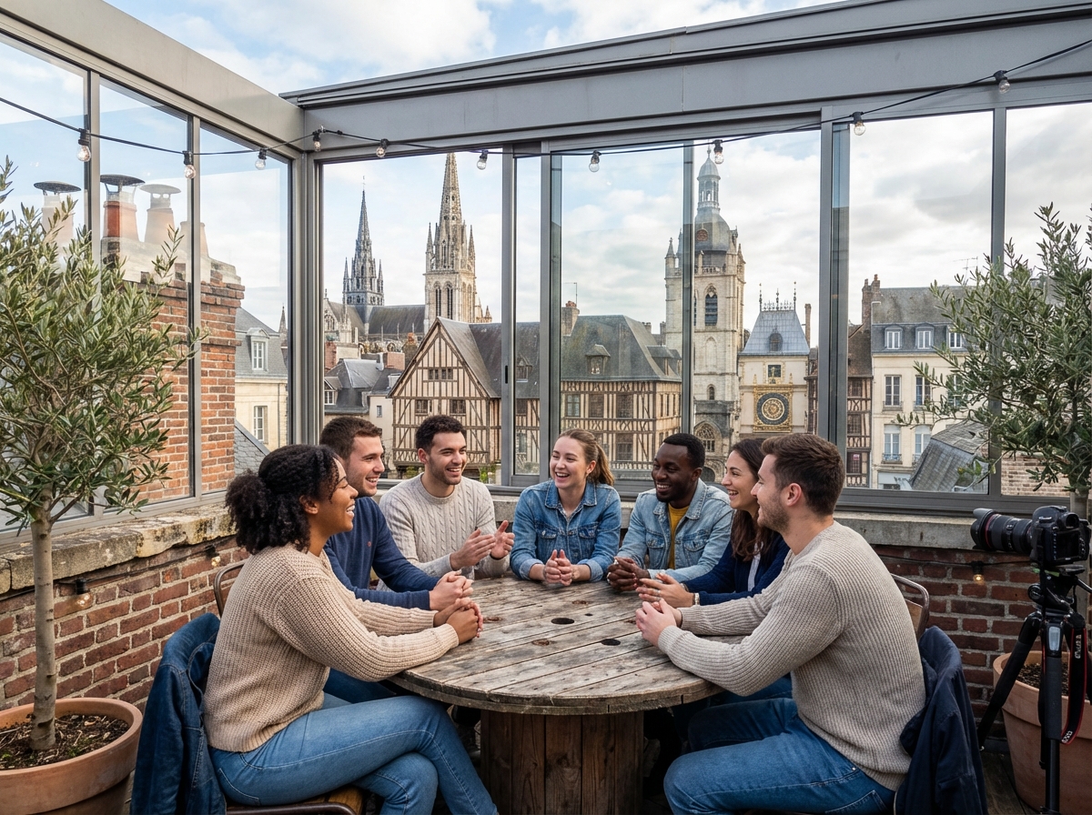 Groupe de jeunes discutant sur un rooftop avec vue sur Rouen