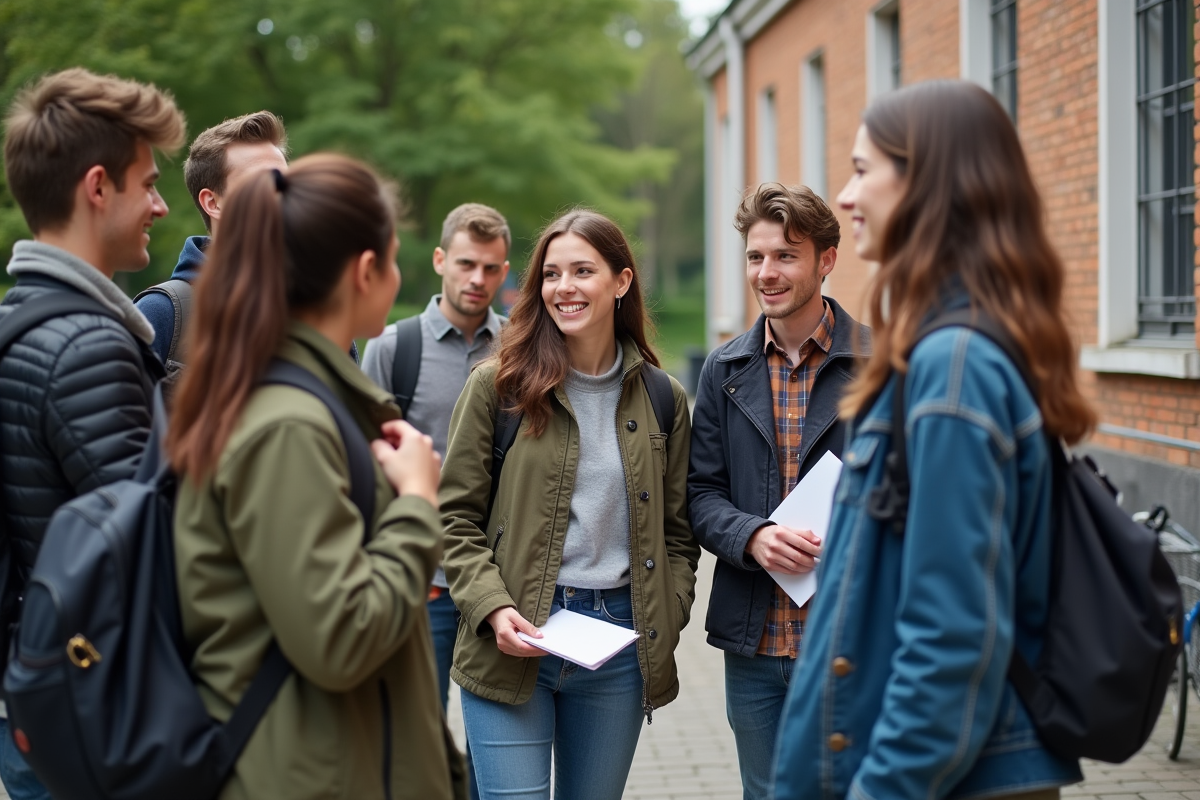Groupe de jeunes adultes discutant devant une école urbaine