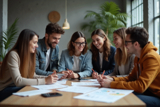 Groupe de jeunes professionnels en réunion dans un espace moderne