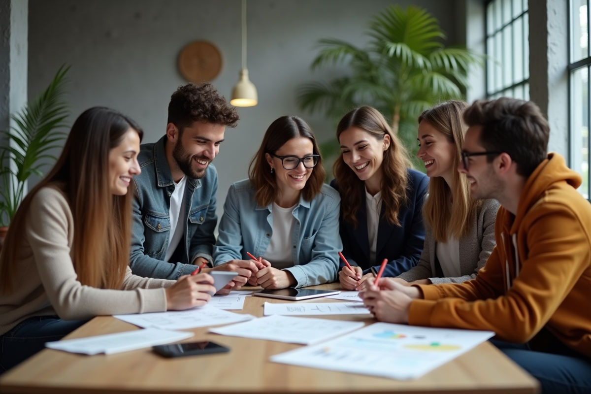 Groupe de jeunes professionnels en réunion dans un espace moderne